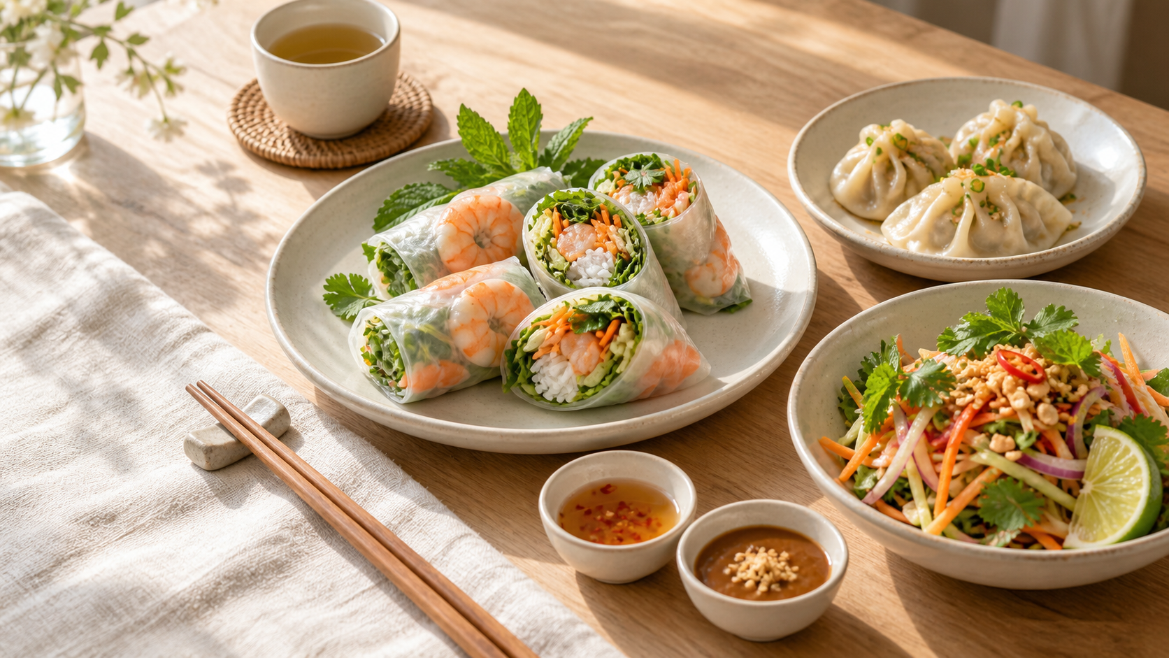 生春巻き、点心、ハーブサラダを白い器に盛りつけた明るいアジアの食卓
